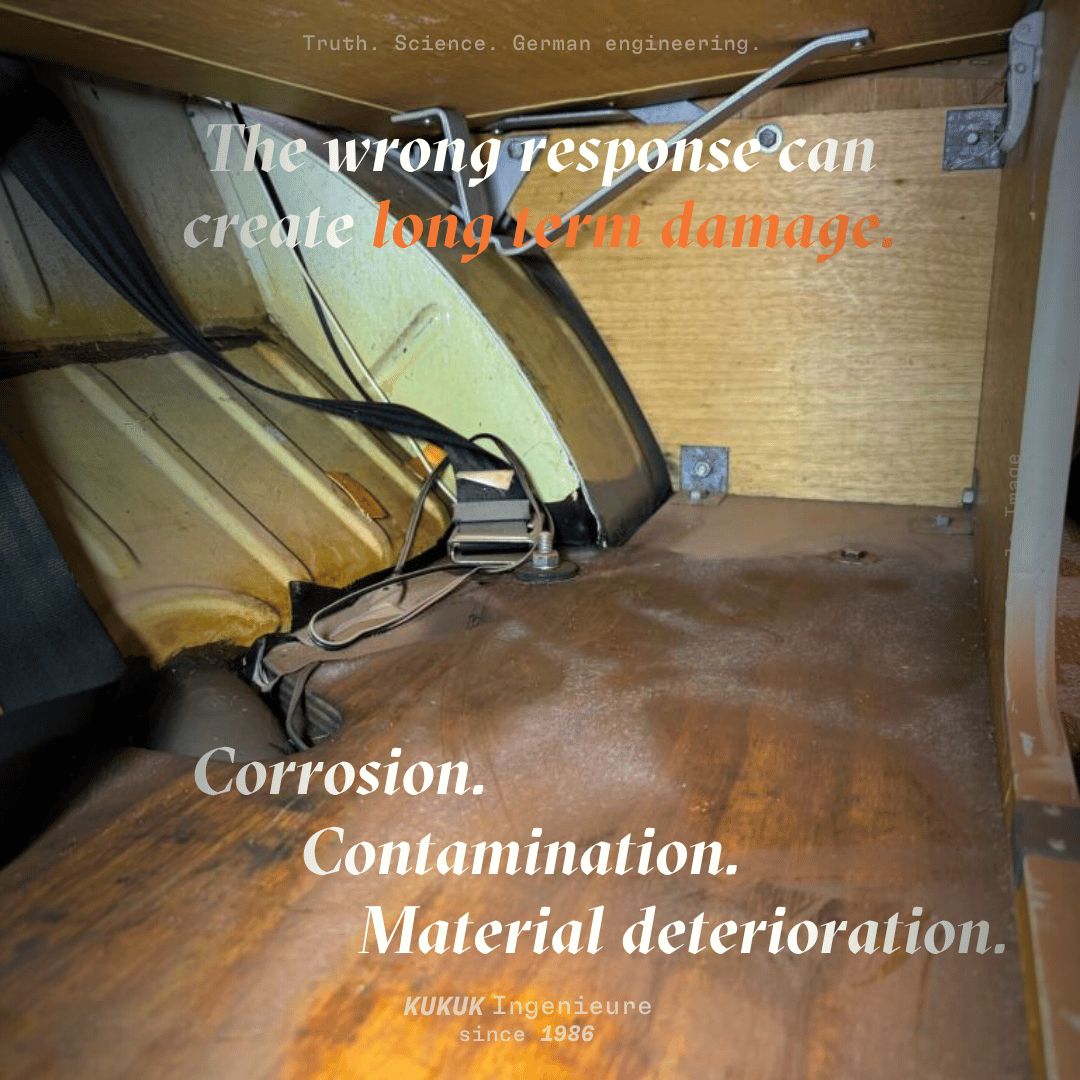 Innenraum eines Volkswagen T2 Westfalia mit wasserbedingten Risiken an Boden, Holz und Verkleidung